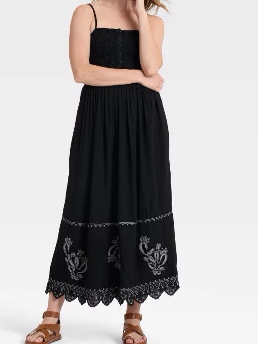 Black Embroidered Maxi Dress with Smocked Bodice